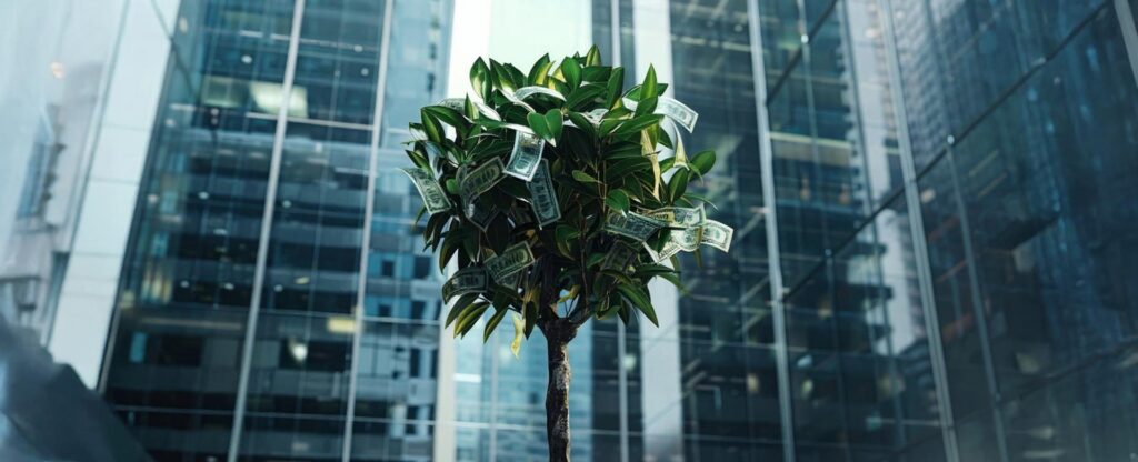 Investors money tree and commercial buildings
